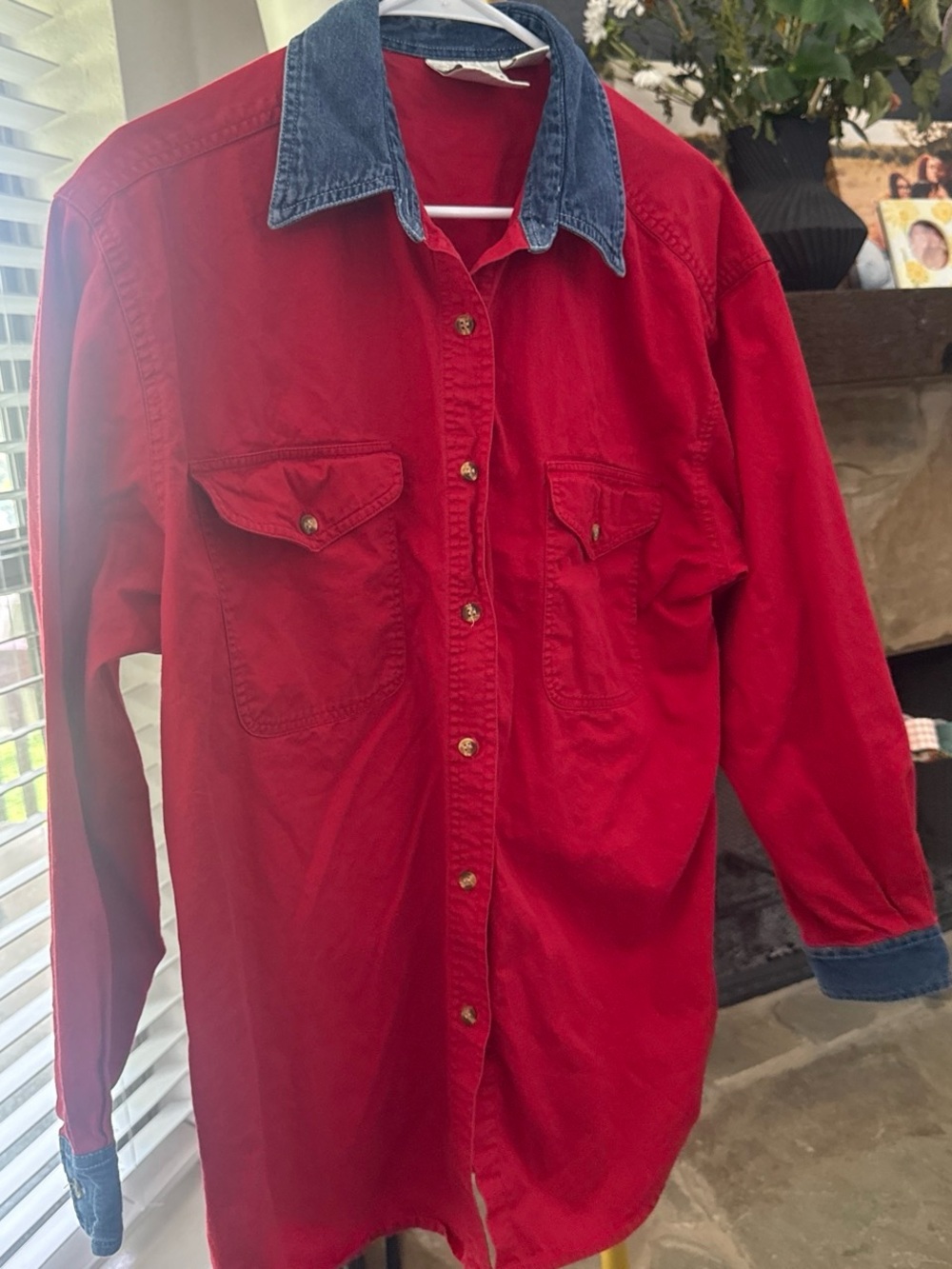 Copper Key Red Button-Down Shirt with Blue Collar